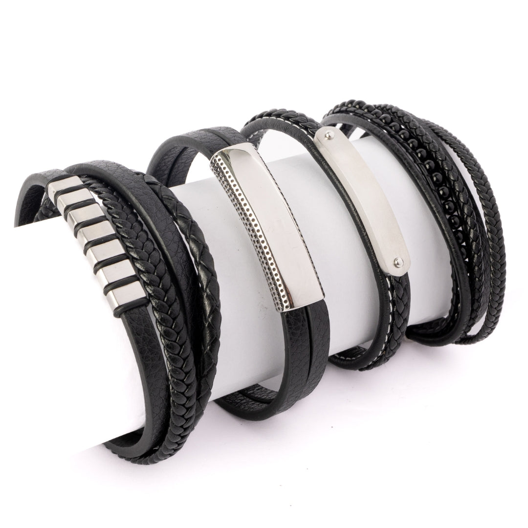 Leather & Steel Collection - Grid Plaque Bracelet
