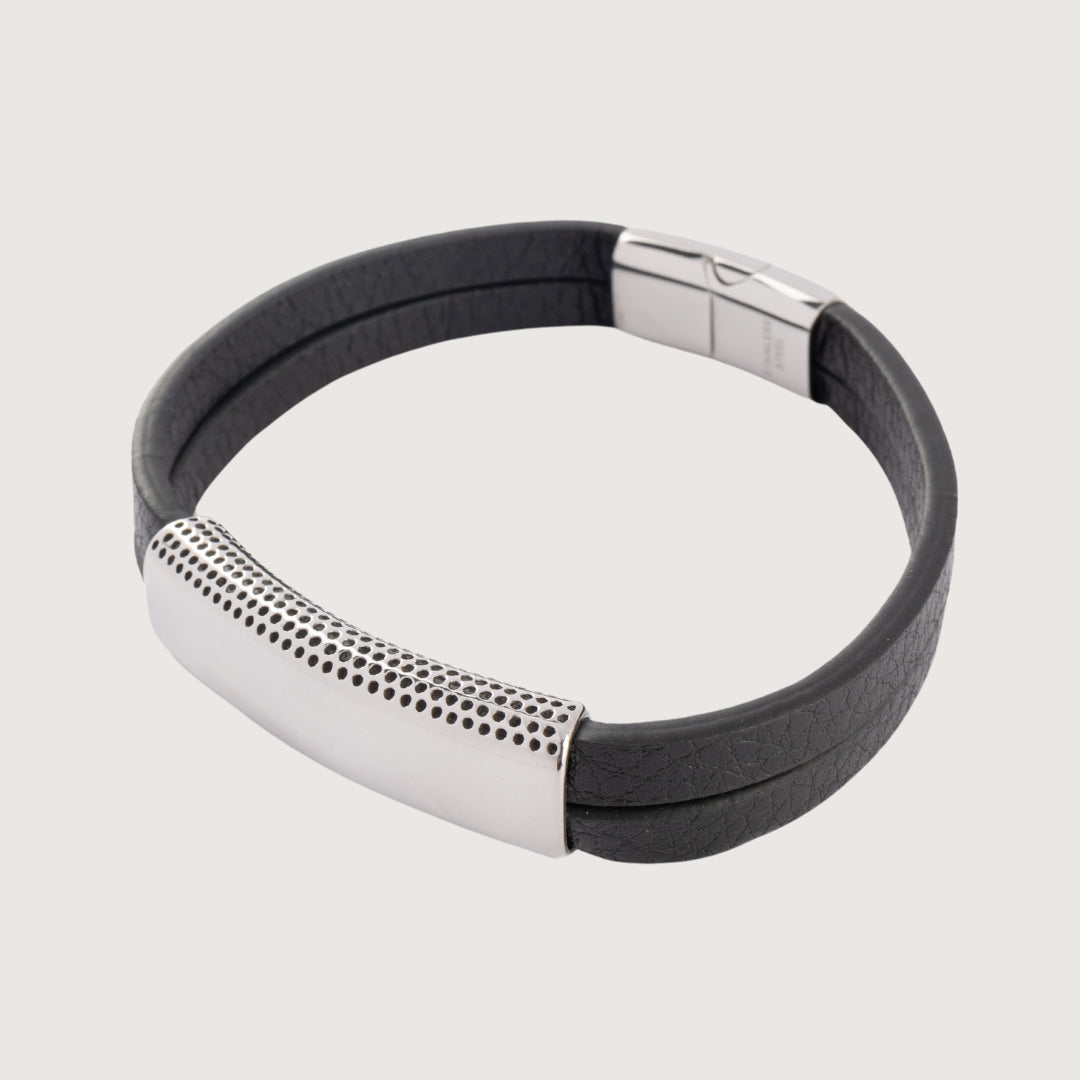 Leather & Steel Collection - Grid Plaque Bracelet